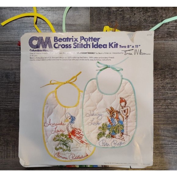 1977 Beatrix Potter Peter Rabbit and Jemima Puddleduck Bibs Stamped Cross Stitch - Picture 1 of 9